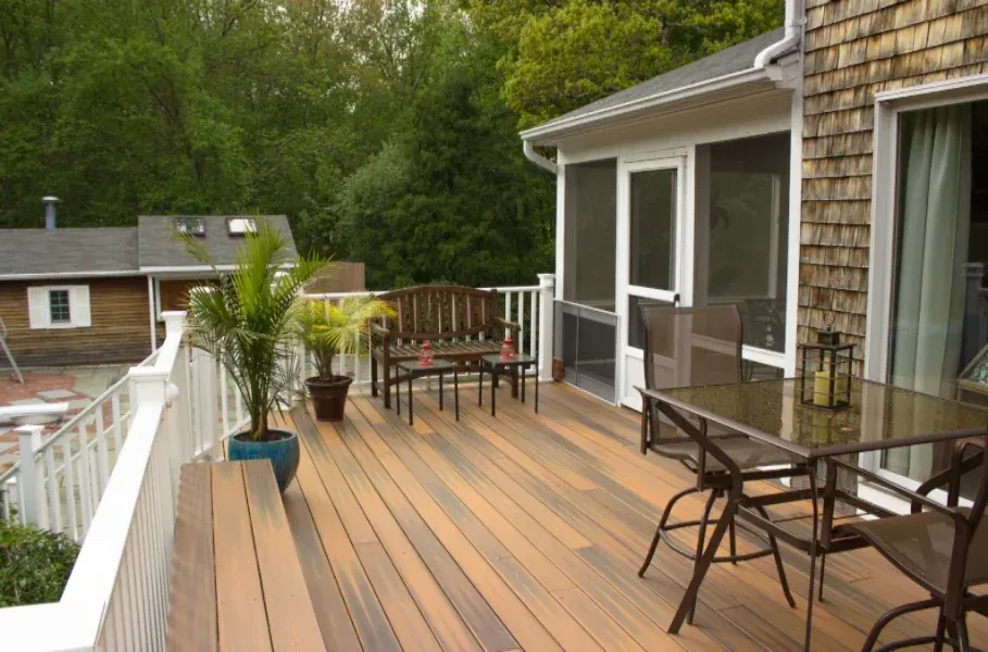 Composite deck with a built-in seating area