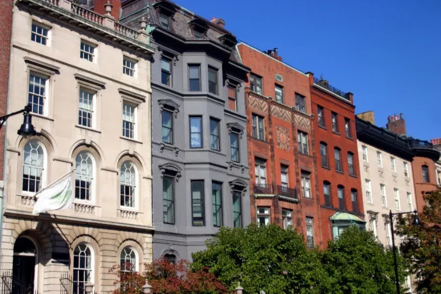 Brownstone terrace and gas lamp on a Boston street